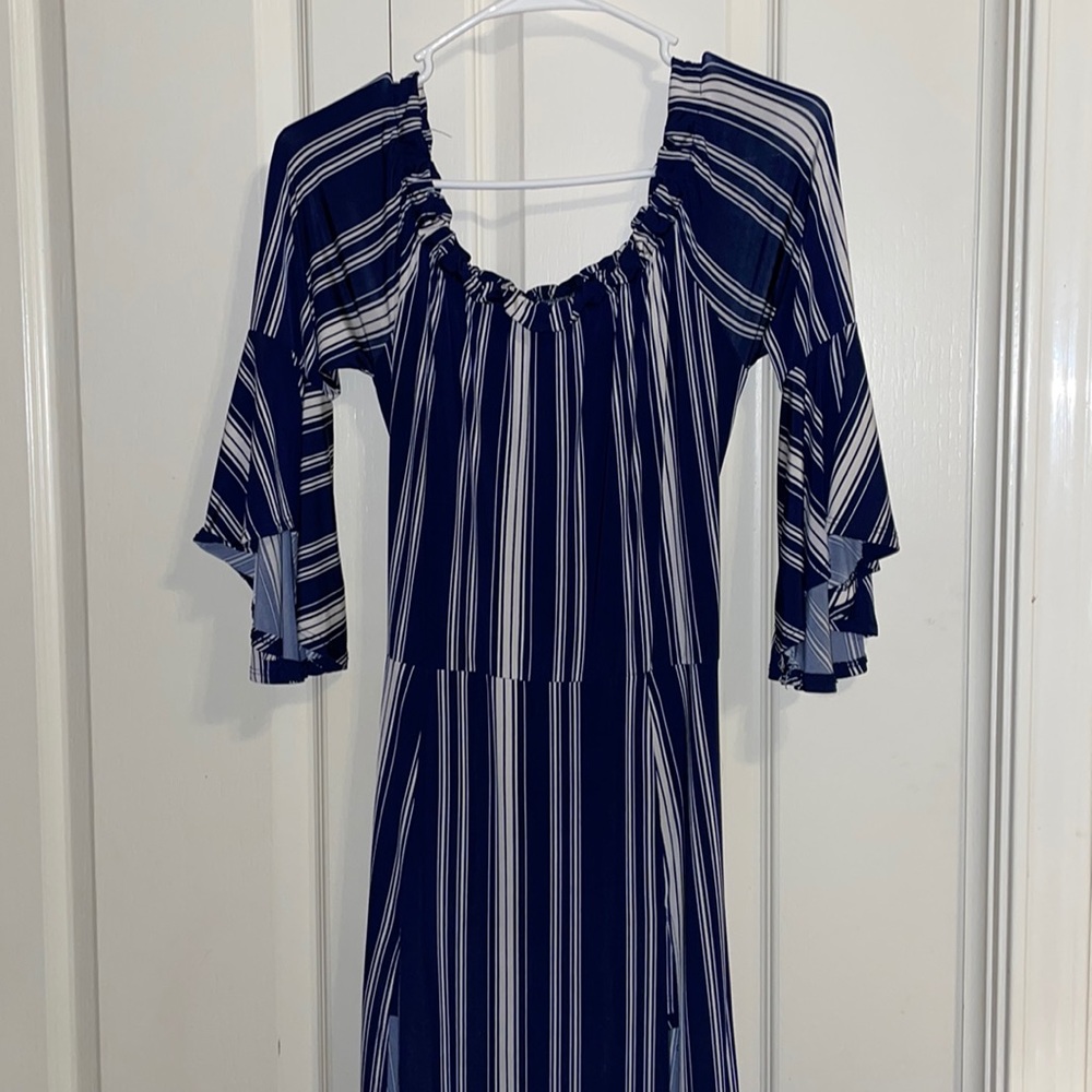 Long blue striped maxi dress with slits
